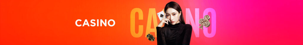 MWIN8 Casino banner with elegant female dealer, poker cards, chips, and club symbol on a vibrant orange-pink background.