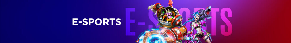 Colorful e-sports banner featuring two animated game characters, one in a mechanical suit and another with a futuristic weapon, with bold text "E-Sports" on a blue and purple gradient background.