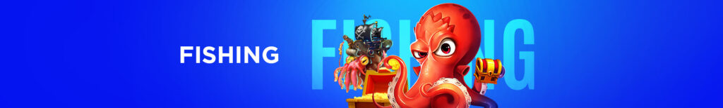 Colorful fishing game banner featuring a cartoon red octopus holding a treasure chest, with a pirate ship and gold coins in the background on a blue gradient.