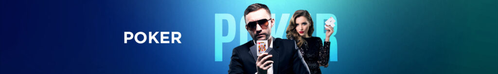 Man in sunglasses holding playing cards with woman behind, MWIN8 Poker banner