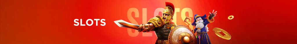 MWIN8 Slots banner with Roman warrior and wizard characters holding shield and gold coins