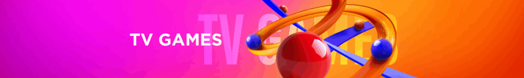 MWIN8 TV Games banner with colorful 3D spheres and abstract shapes on pink and orange background