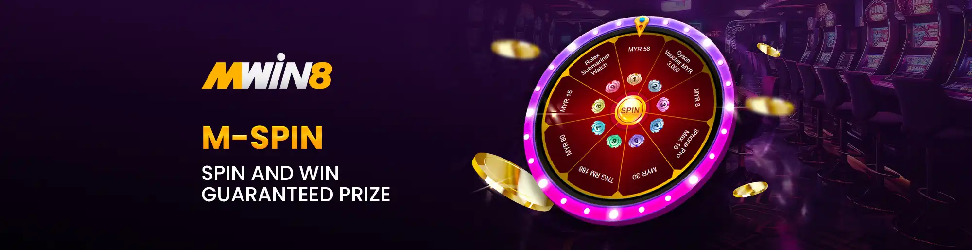 MWIN8 promotional banner featuring a colorful spin wheel with prizes like MYR bonuses and vouchers, highlighting the M-Spin guaranteed prize event.