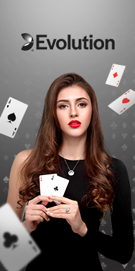 Evolution Gaming live casino banner featuring a glamorous female dealer holding playing cards with floating card graphics on a sleek gray background.