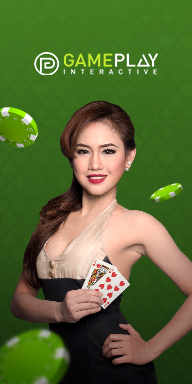 A smiling woman in a black dress holding playing cards, with floating poker chips and the text "Gameplay Interactive" on a green background.