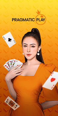 Pragmatic Play live casino banner featuring an elegant female dealer in an orange dress holding playing cards, with floating card graphics on a bright orange background.