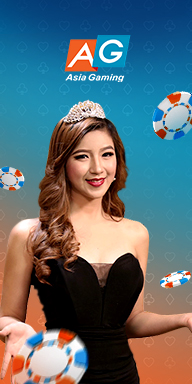 Asia Gaming live casino banner featuring a smiling female dealer in a black dress and tiara, surrounded by colorful poker chips on a blue-orange gradient background.