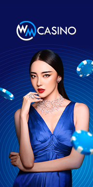 WM Casino banner on MWIN8 featuring an elegant female dealer in a blue dress with poker chips floating around, symbolizing luxury live casino gaming.