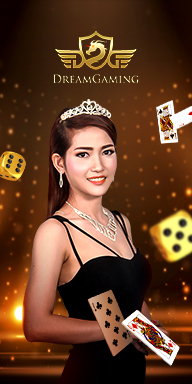 MWIN8 Dream Gaming banner featuring a smiling female dealer in a black dress with playing cards and golden dice, representing premium live casino entertainment.