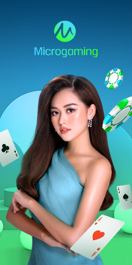 MWIN8 Microgaming banner featuring a stylish female dealer in a turquoise dress with floating poker cards and chips, symbolizing premium live casino gaming.