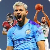 Excited football player in a Manchester City jersey celebrating, with an American football player and a basketball player shooting in the background.
