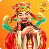 Smiling Chinese god of wealth in a red and gold robe with traditional headdress, holding a gesture of blessing with gold coins floating in the background.