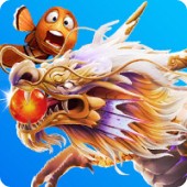 Colorful image of a cartoon fish with a shocked expression riding a majestic Chinese dragon holding a glowing pearl, set against a blue background.