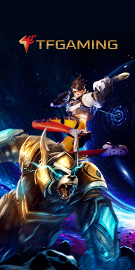 TFGaming banner featuring a futuristic warrior riding an armored beast with glowing blue armor, set against a cosmic galaxy background.