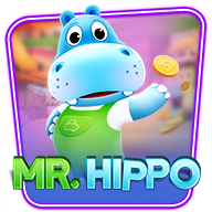 Mr. Hippo slot game banner featuring a cute blue cartoon hippo in a green vest tossing a golden coin, set against a colorful background.