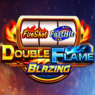 Double Flame Blazing slot game banner featuring a fiery slot reel with bold red and blue flames, highlighting FireShot and FastHit features.