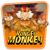 Triple Kung Fu Monkey slot game banner featuring three animated martial arts monkeys in meditation poses, with an ancient temple in the background.