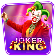 Joker King slot game banner featuring a colorful jester in a green and gold hat, red suit, and painted face, with glowing multipliers on a vibrant pink background.