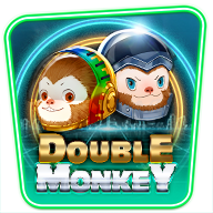 Double Monkey slot game banner featuring two cartoon monkeys, one in a colorful helmet and the other in silver armor, with a glowing futuristic background.
