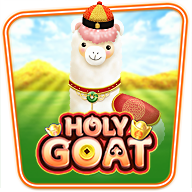 Holy Goat slot game banner featuring a cheerful white goat dressed in royal attire with a traditional hat, standing in a sunny green field with gold coins.