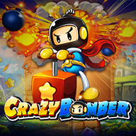 Crazy Bomber slot game banner featuring a cartoon bomber character in a helmet and cape, holding a detonator with explosions in the background.