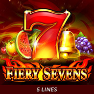 Fiery Sevens slot game banner featuring a glowing red number 7 with flames, surrounded by classic slot symbols like fruits, a golden bell, and grapes.