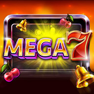 Mega 7 slot game banner featuring a glowing purple and gold slot frame with cherries, golden bells, and a bold “Mega 7” title in bright letters.
