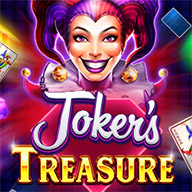 Joker’s Treasure slot game banner featuring a smiling jester with purple hair, surrounded by playing cards and glowing colorful lights.