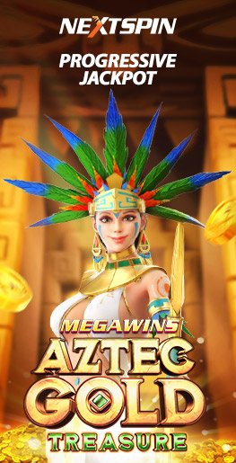 NextSpin Aztec Gold Treasure slot game banner featuring a beautiful Aztec queen adorned with a colorful feathered headdress, surrounded by golden coins and treasures.