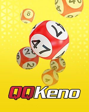 QQKeno promotional banner featuring colorful numbered lottery balls on a bright yellow background.