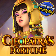 Cleopatra’s Fortune slot game banner featuring Queen Cleopatra in golden Egyptian attire with a jeweled headdress, highlighting a progressive multiplier feature.
