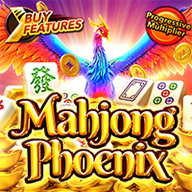 Mahjong Phoenix slot game banner featuring a fiery phoenix rising above golden coins and mahjong tiles, with labels for “Buy Features” and “Progressive Multiplier.”
