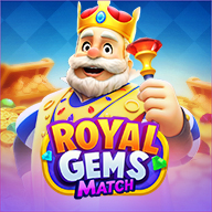 Royal Gems Match slot game banner featuring a cheerful king with a crown and scepter, standing in front of piles of golden treasure.