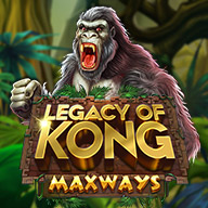 Legacy of Kong Maxways slot game banner featuring a roaring giant gorilla in a jungle setting, with bold golden title text.