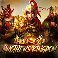 Brothers Kingdom slot game banner featuring three ancient Chinese warrior generals in ornate armor with a fiery battlefield background.