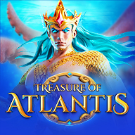 Treasure of Atlantis slot game banner featuring a powerful merman king with a golden crown and turquoise hair, set in an underwater realm.