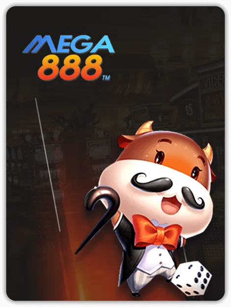 Mega888 slot provider with cartoon bull character in tuxedo holding dice at MWIN8 online casino