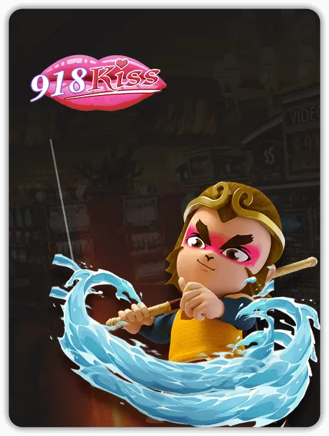 918Kiss slot provider with cartoon warrior character holding staff and water effect at MWIN8 online casino