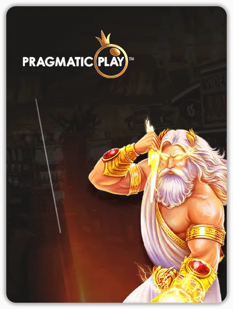Pragmatic Play banner featuring a powerful Zeus-like god with white hair and beard, holding a glowing lightning bolt against a dark background.