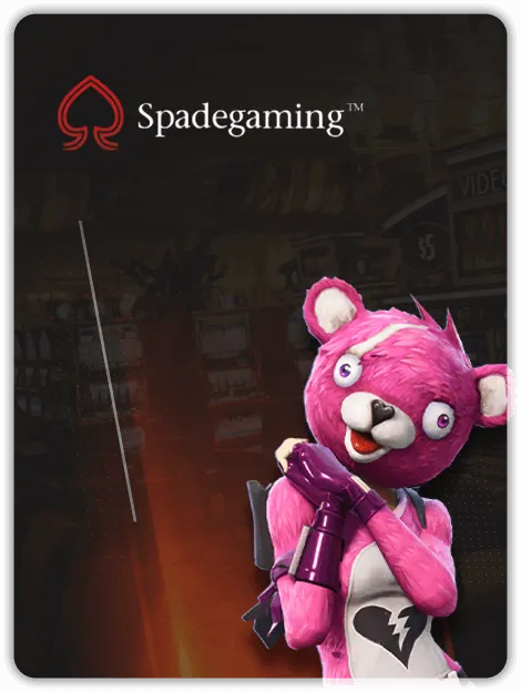 Spadegaming banner featuring a pink cartoon bear character with a heart emblem on its chest, holding a weapon, set against a dark arcade background.
