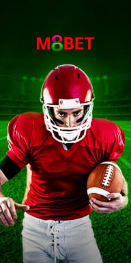M8BET sports banner with American football player in red uniform holding ball at MWIN8 online betting platform