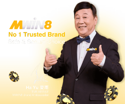 MWIN8 promotional banner featuring TVB artist Ha Yu as brand ambassador, smiling in a tuxedo with thumbs up, promoting safety and trust.