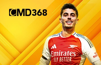 CMD368 promotional banner featuring a smiling football player in an Arsenal jersey with a bright yellow geometric background.