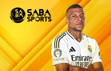 Saba Sports promotional banner featuring a football player in a Real Madrid jersey, set against a bright yellow geometric background with the Saba Sports logo.