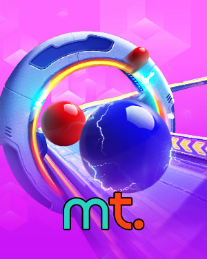 MT TV Games provider banner with glowing blue and red spheres inside neon ring at MWIN8 online casino