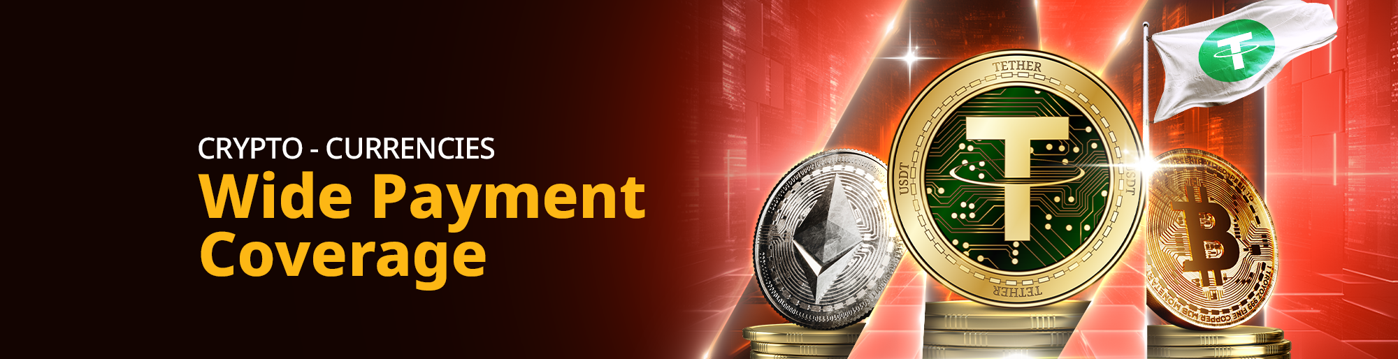 MWIN8 crypto payment banner showing USDT, Ethereum, and Bitcoin for wide payment coverage