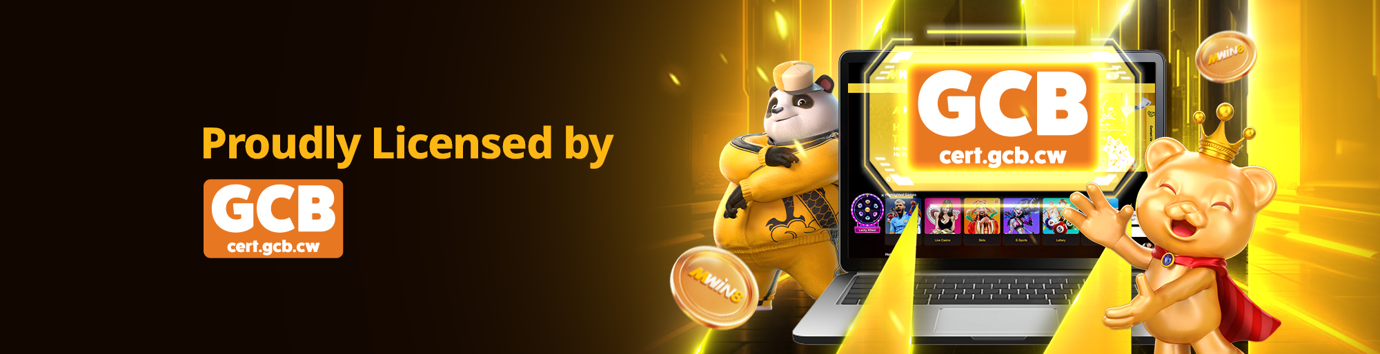 MWIN8 proudly licensed by GCB Curaçao with gaming mascots and laptop display