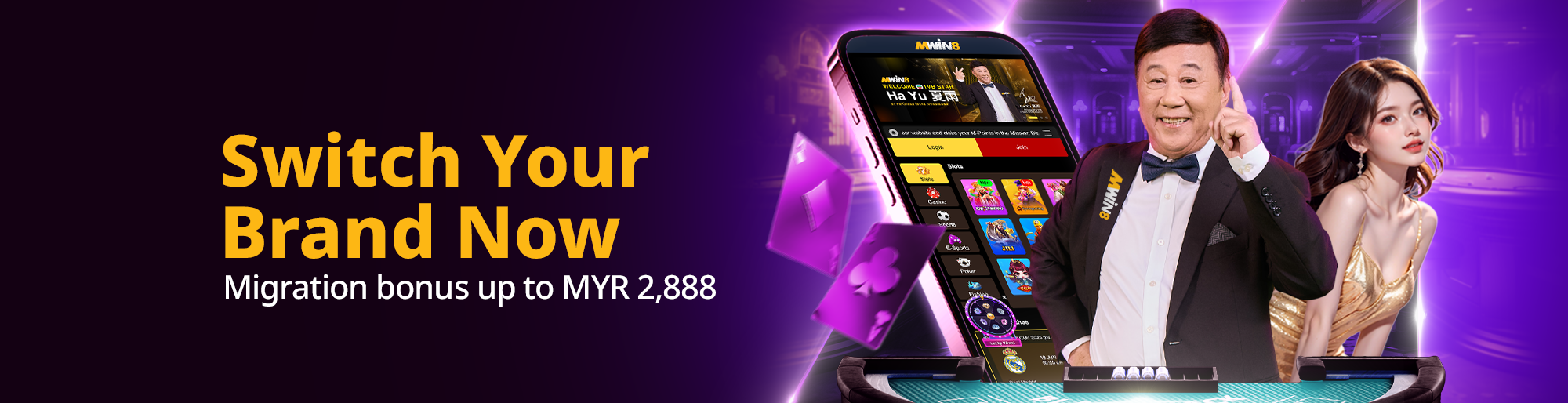 MWIN8 migration bonus promotion with Ha Yu and mobile app interface